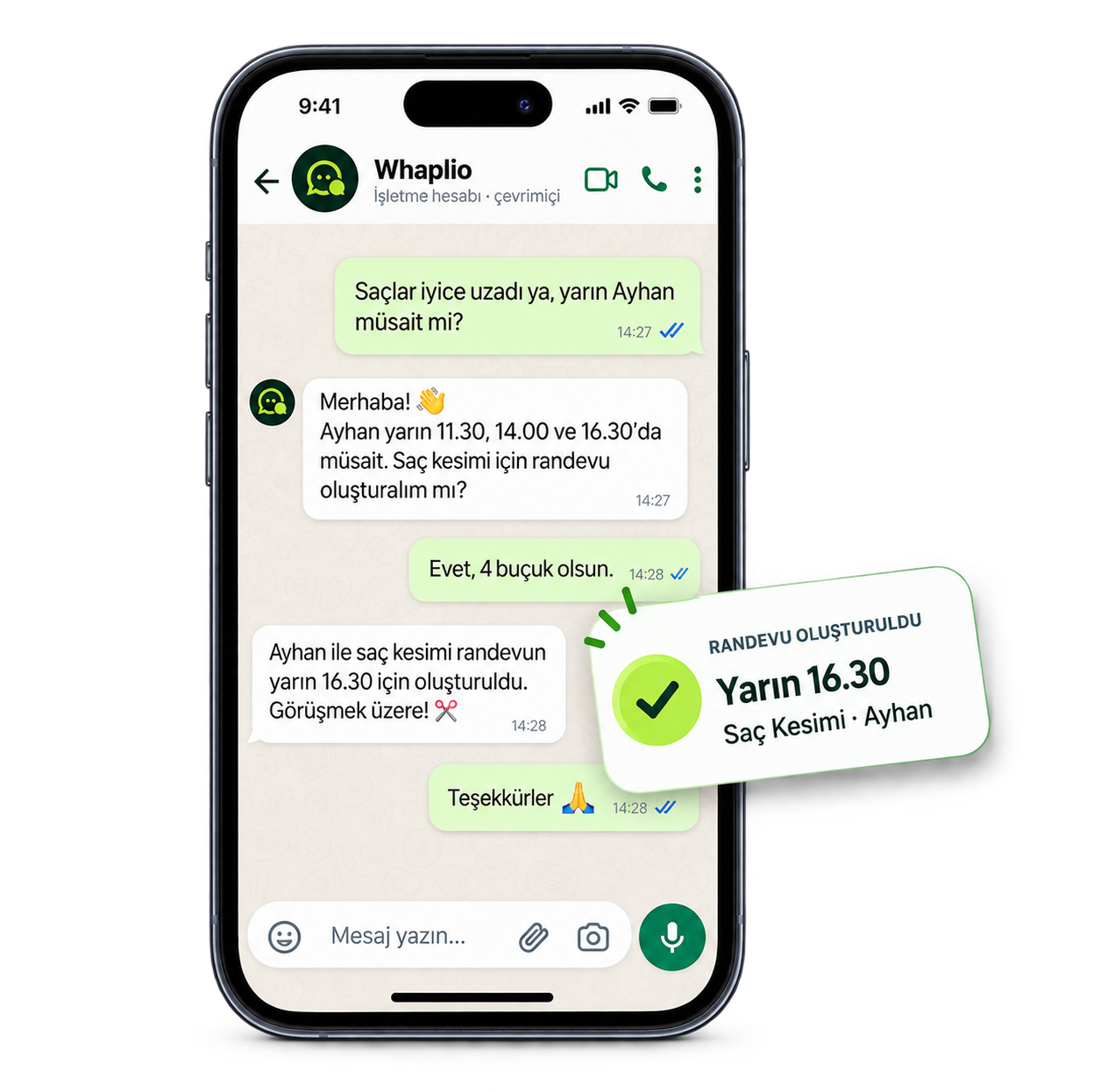 Whaplio berber WhatsApp randevu mockupı