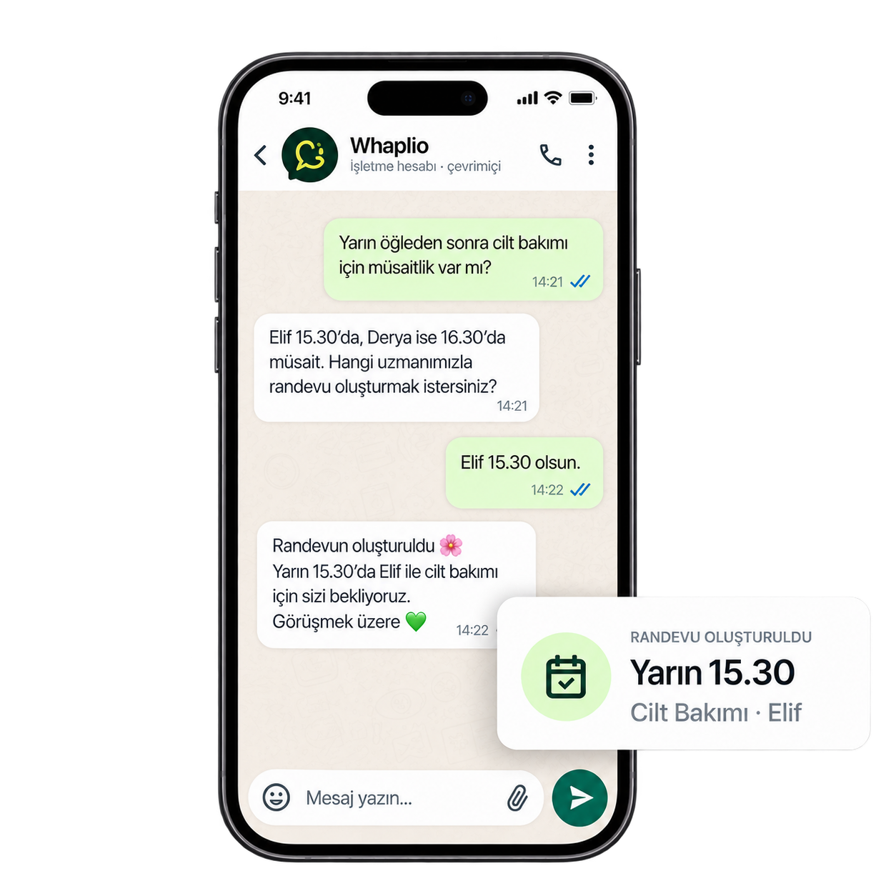 Güzellik salonu WhatsApp randevu mockupı