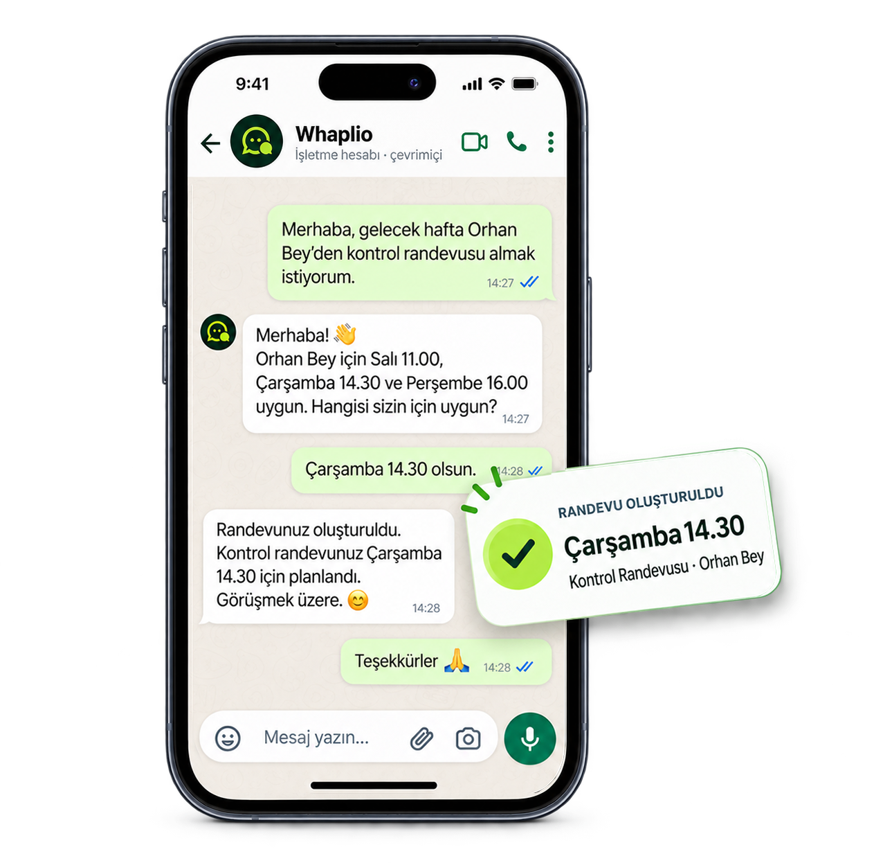 Whaplio klinik WhatsApp randevu mockupı